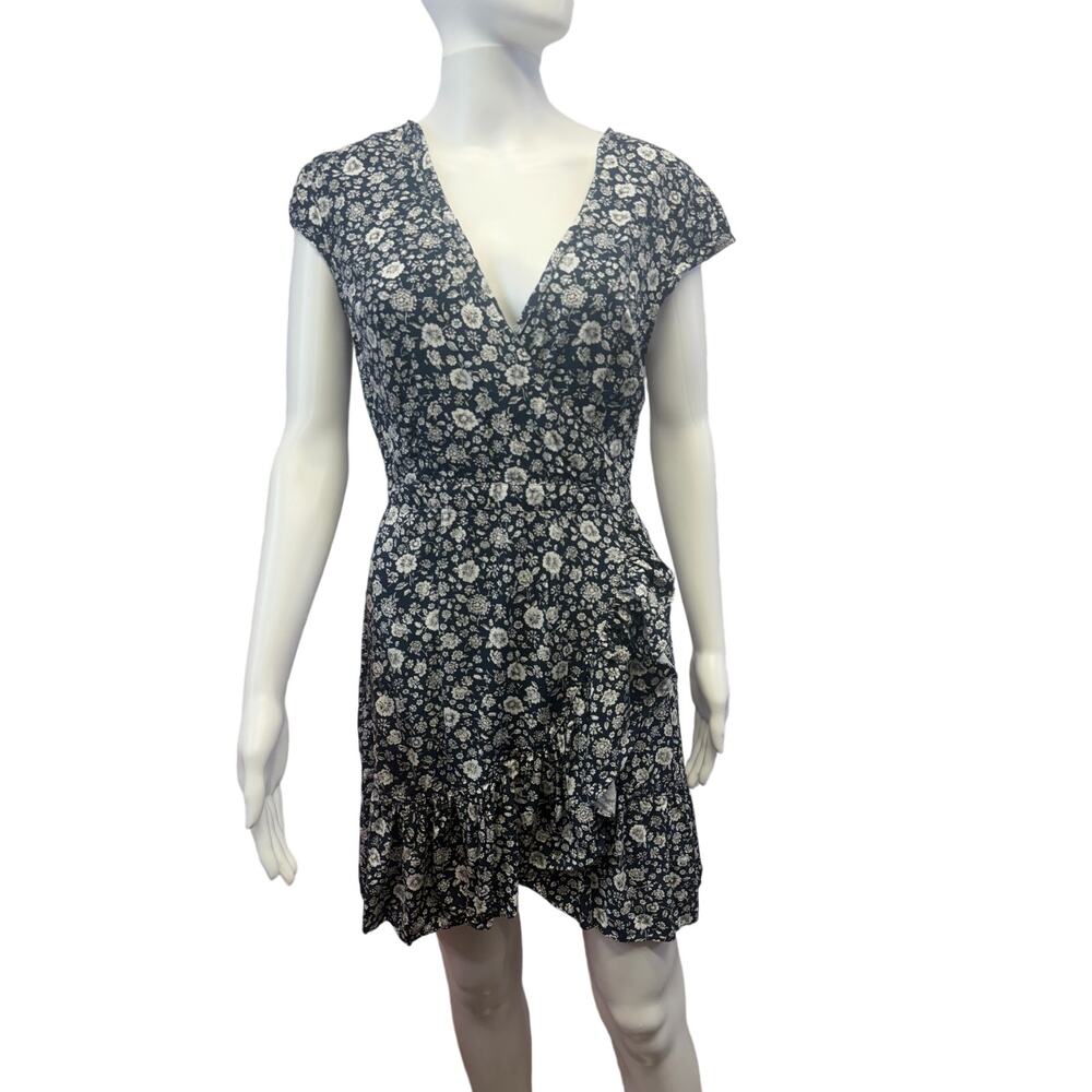 J.Crew Navy Blue Floral Ruffle Faux Wrap V-Neck Short Sleeve Mini A-Line Dress 2